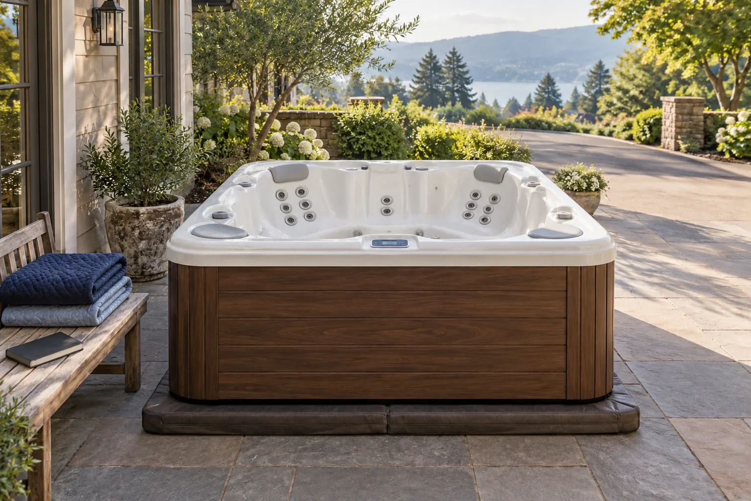 Illustration of a freestanding portable hot tub and its surrounding access area
