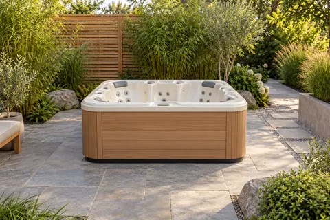 Illustration of a freestanding portable hot tub and its surrounding access area