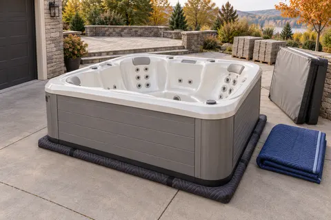 Illustration of a freestanding portable hot tub and its surrounding access area