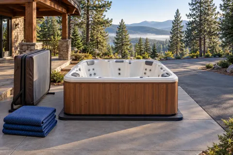 Illustration of a freestanding portable hot tub and its surrounding access area