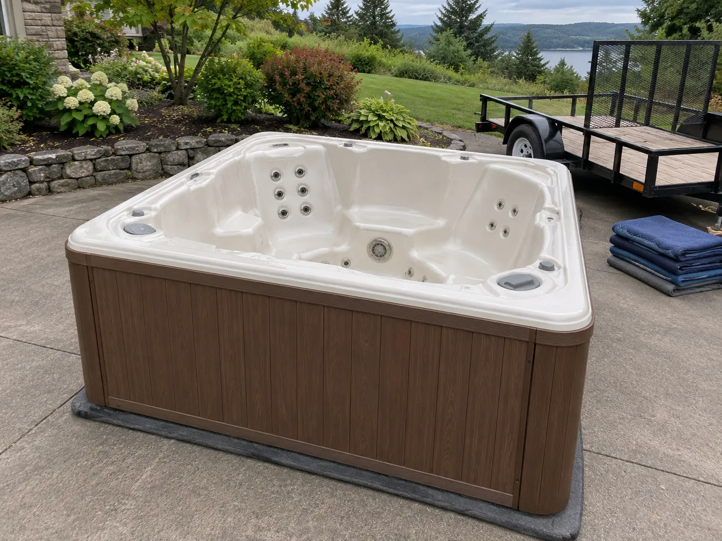 Illustration of a freestanding portable hot tub and its surrounding access area