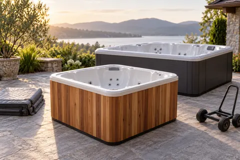 Illustration of a freestanding portable hot tub and its surrounding access area