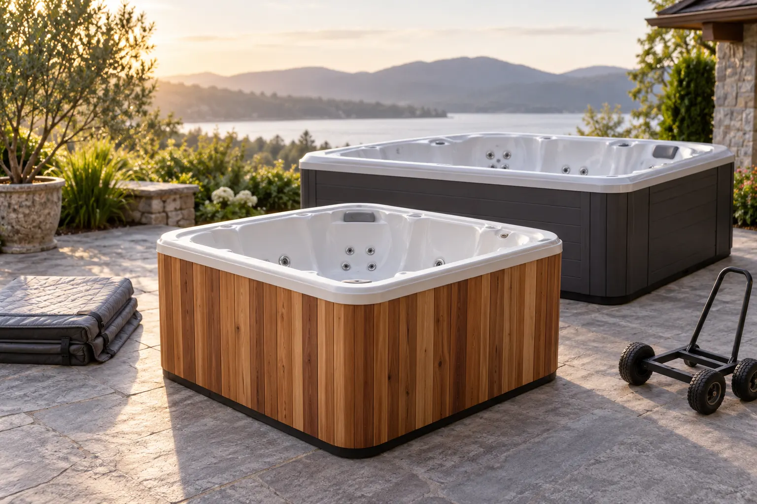 Illustration of a freestanding portable hot tub and its surrounding access area