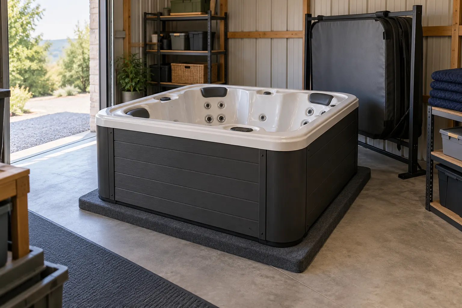 Illustration of a freestanding portable hot tub and its surrounding access area