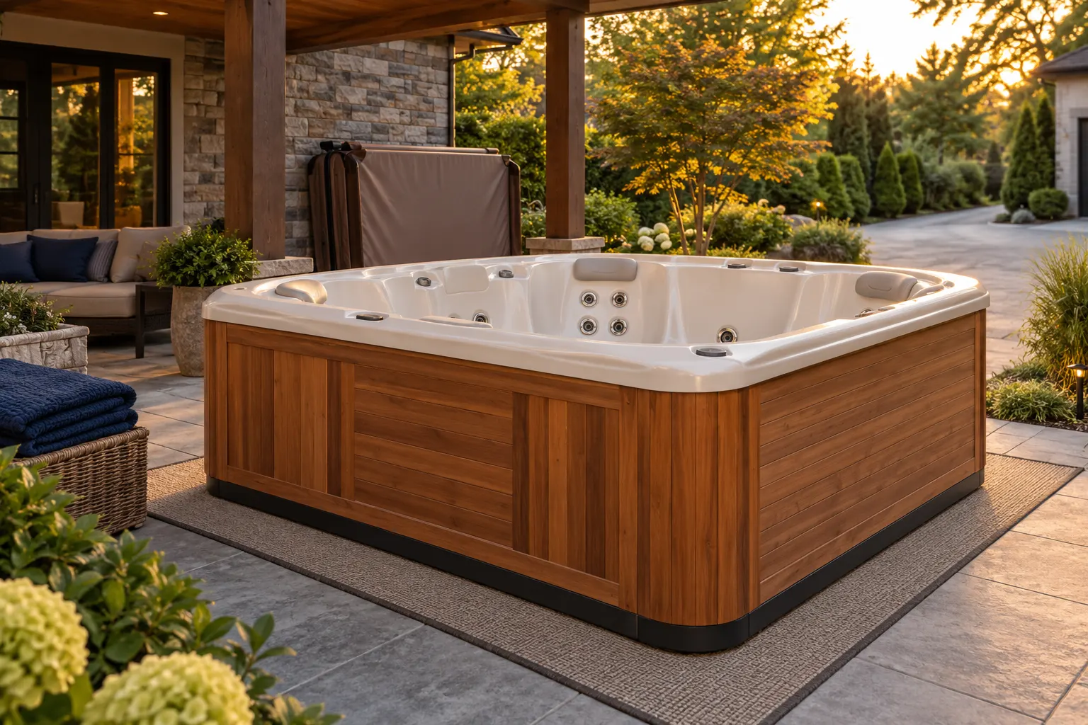 Illustration of a freestanding portable hot tub and its surrounding access area