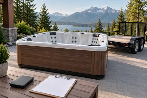 Illustration of a freestanding portable hot tub and its surrounding access area