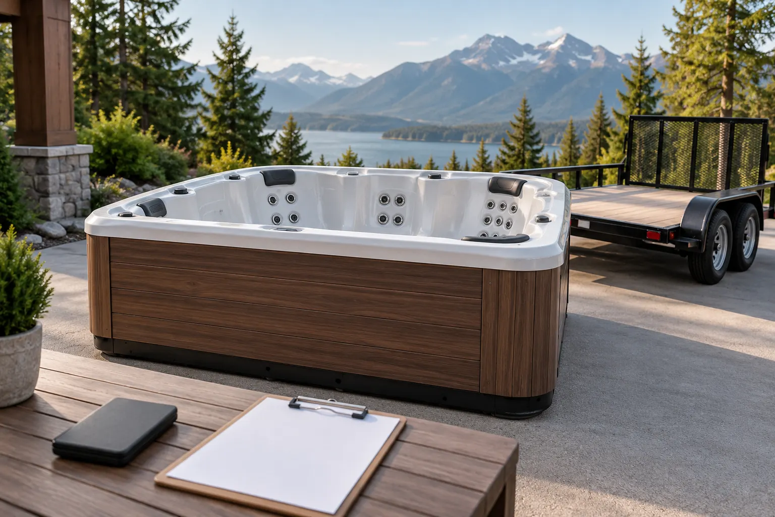 Illustration of a freestanding portable hot tub and its surrounding access area