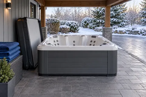 Illustration of a freestanding portable hot tub and its surrounding access area