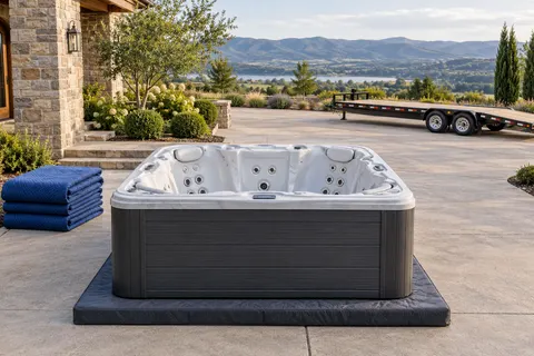 Illustration of a freestanding portable hot tub and its surrounding access area