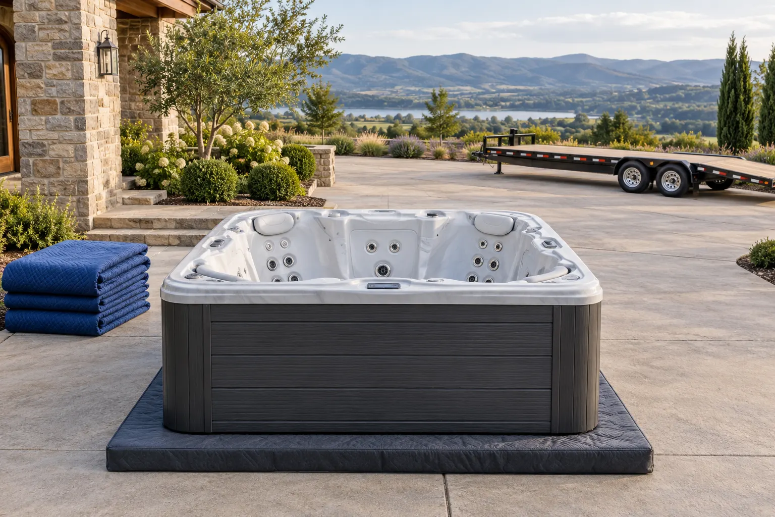 Illustration of a freestanding portable hot tub and its surrounding access area