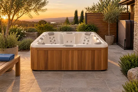 Illustration of a freestanding portable hot tub and its surrounding access area