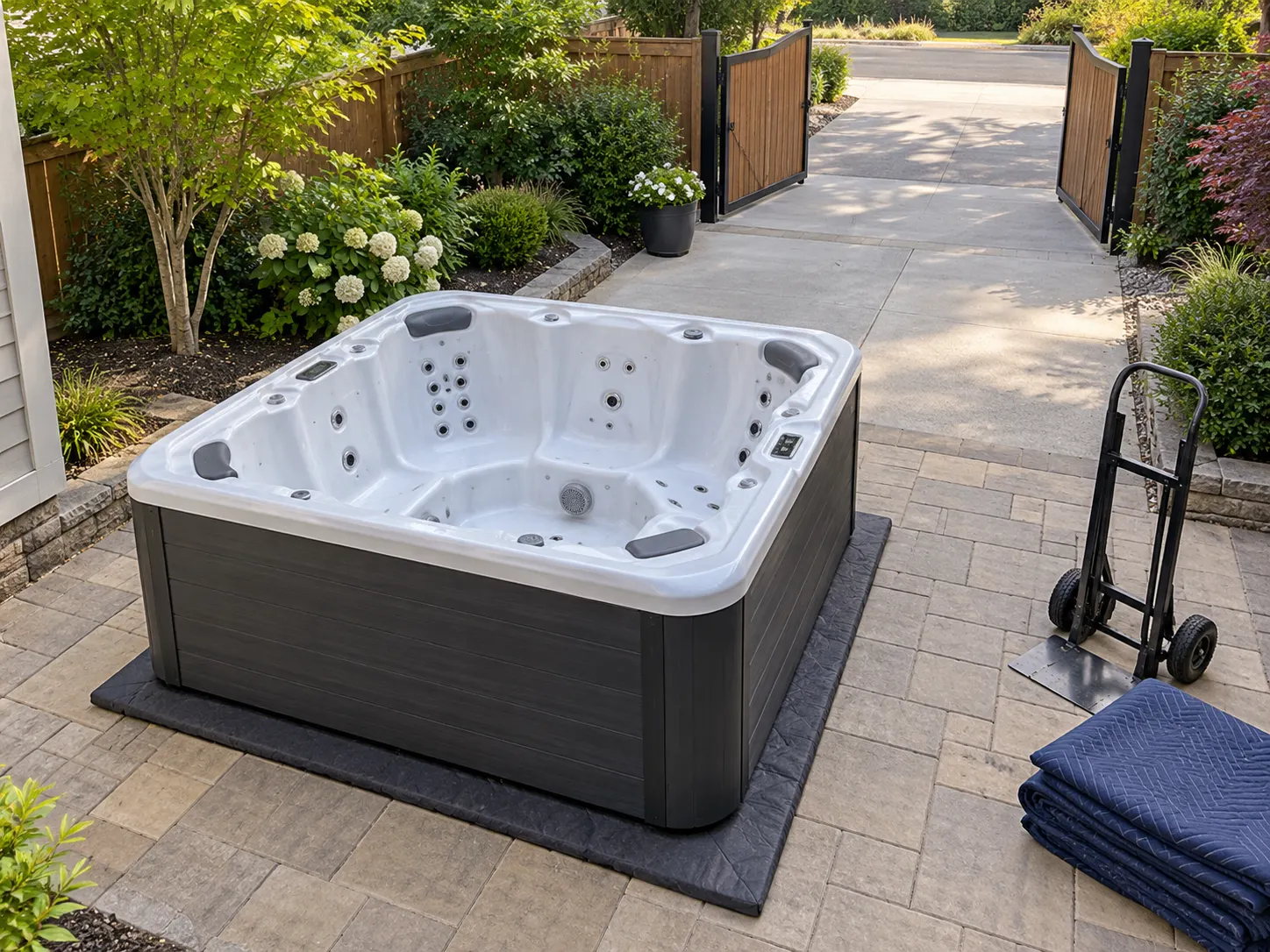 Illustration of a freestanding portable hot tub and its surrounding access area