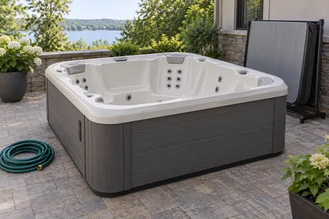 Illustration of a freestanding portable hot tub and its surrounding access area
