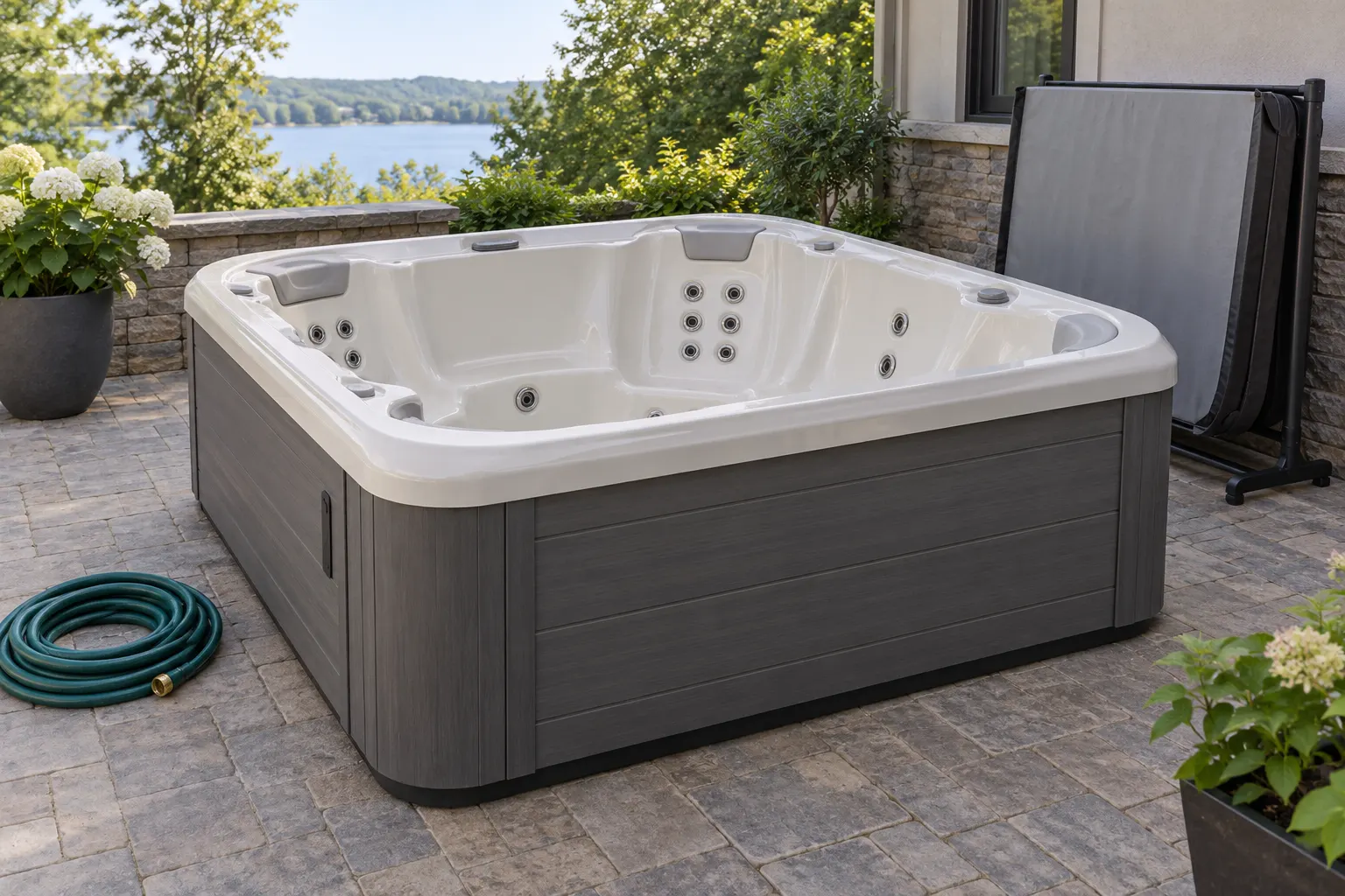 Illustration of a freestanding portable hot tub and its surrounding access area