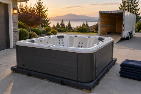 Illustration of a freestanding portable hot tub and its surrounding access area