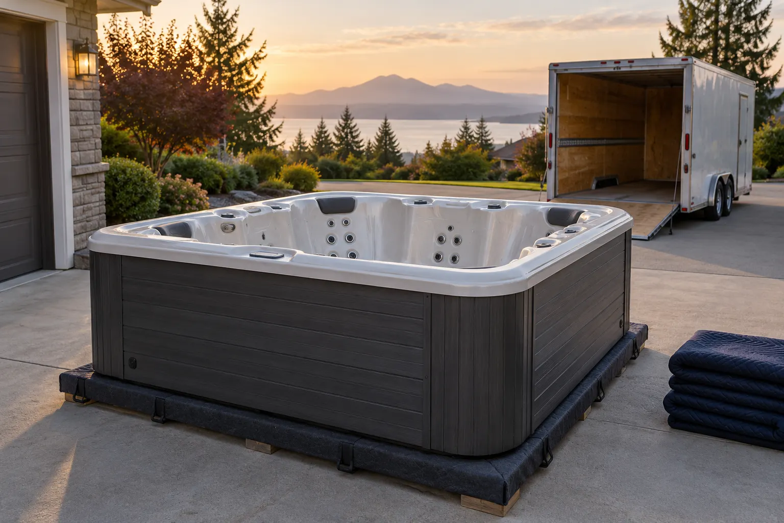 Illustration of a freestanding portable hot tub and its surrounding access area