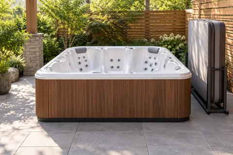 Illustration of a freestanding portable hot tub and its surrounding access area