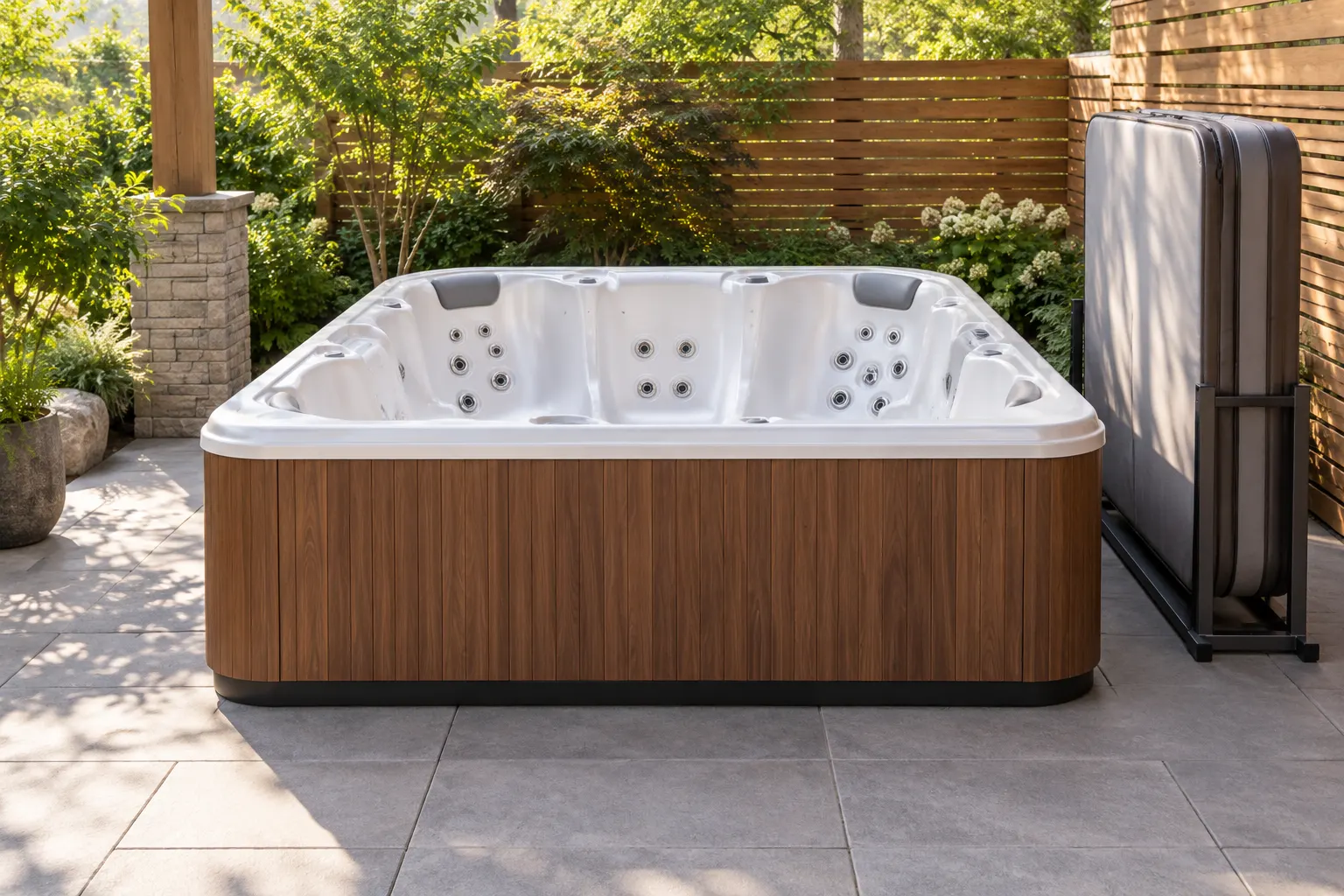 Illustration of a freestanding portable hot tub and its surrounding access area