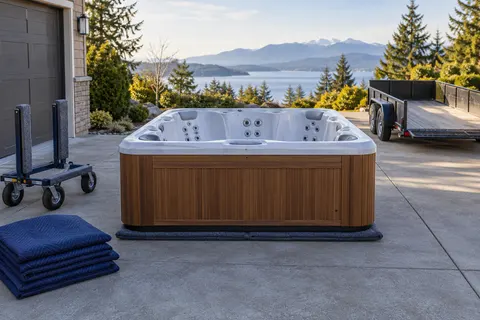 Illustration of a freestanding portable hot tub and its surrounding access area