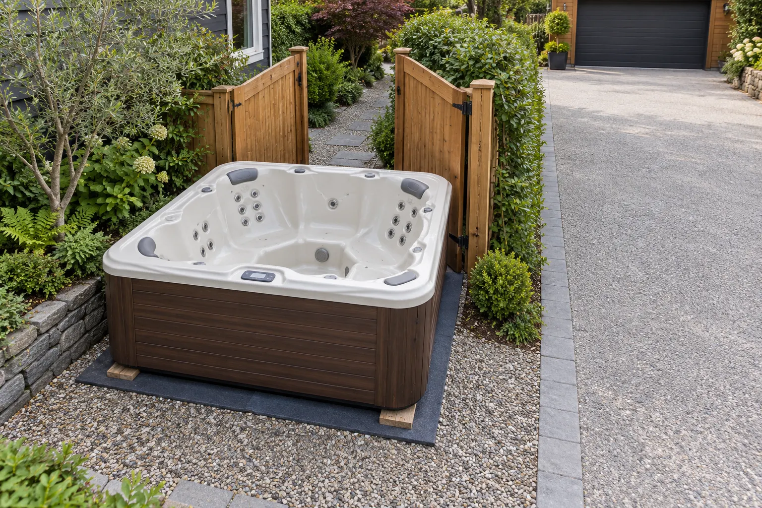 Illustration of a freestanding portable hot tub and its surrounding access area