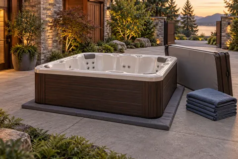 Illustration of a freestanding portable hot tub and its surrounding access area