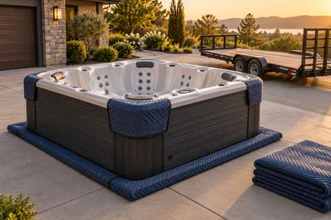 Illustration of a freestanding portable hot tub and its surrounding access area