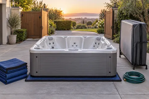 Illustration of a freestanding portable hot tub and its surrounding access area