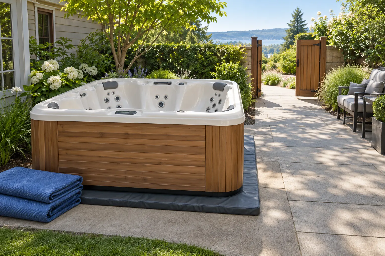 Illustration of a freestanding portable hot tub and its surrounding access area