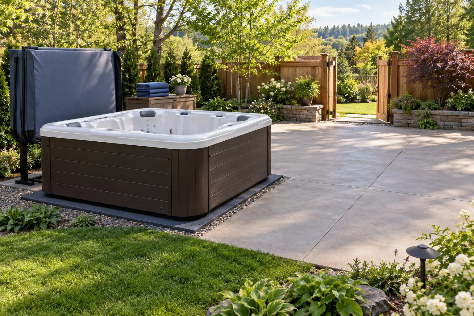 Illustration of a freestanding portable hot tub and its surrounding access area