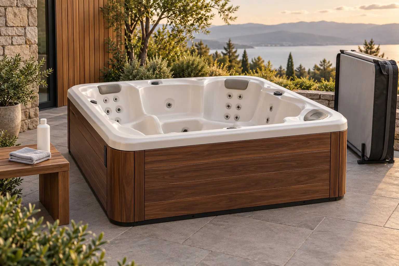 Illustration of a freestanding portable hot tub and its surrounding access area