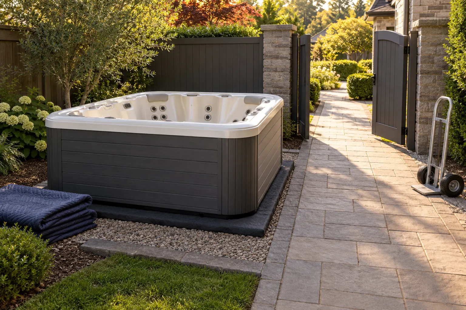 Illustration of a freestanding portable hot tub and its surrounding access area