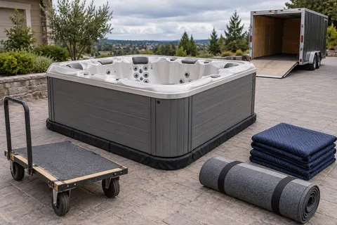 Illustration of a freestanding portable hot tub and its surrounding access area