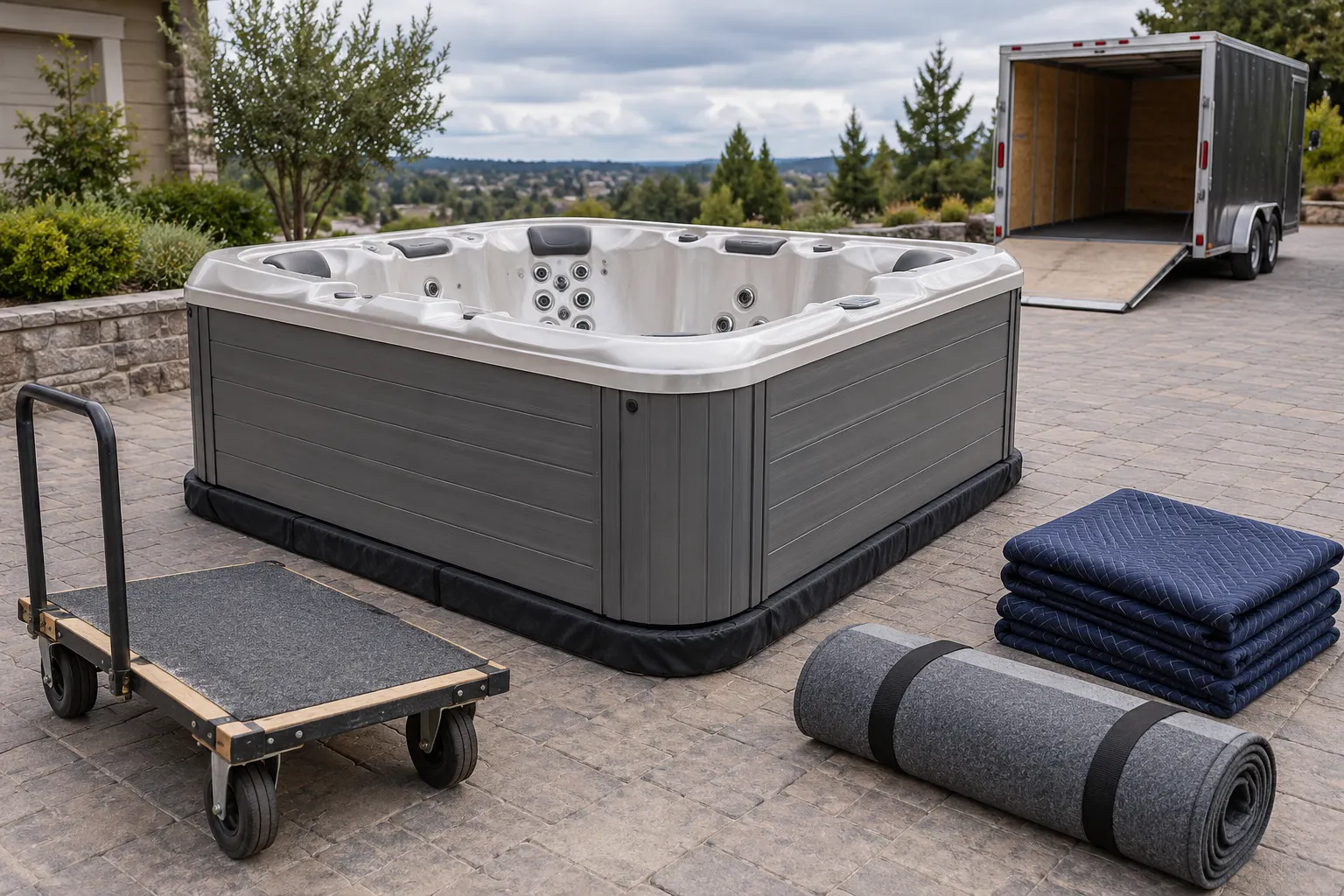 Illustration of a freestanding portable hot tub and its surrounding access area