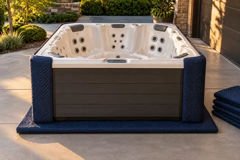 Illustration of a freestanding portable hot tub and its surrounding access area