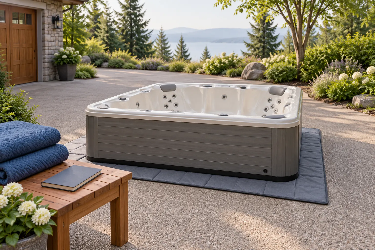 Illustration of a freestanding portable hot tub and its surrounding access area