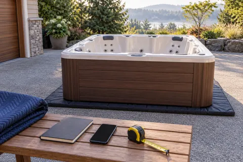 Illustration of a freestanding portable hot tub and its surrounding access area