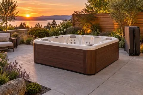 Illustration of a freestanding portable hot tub and its surrounding access area