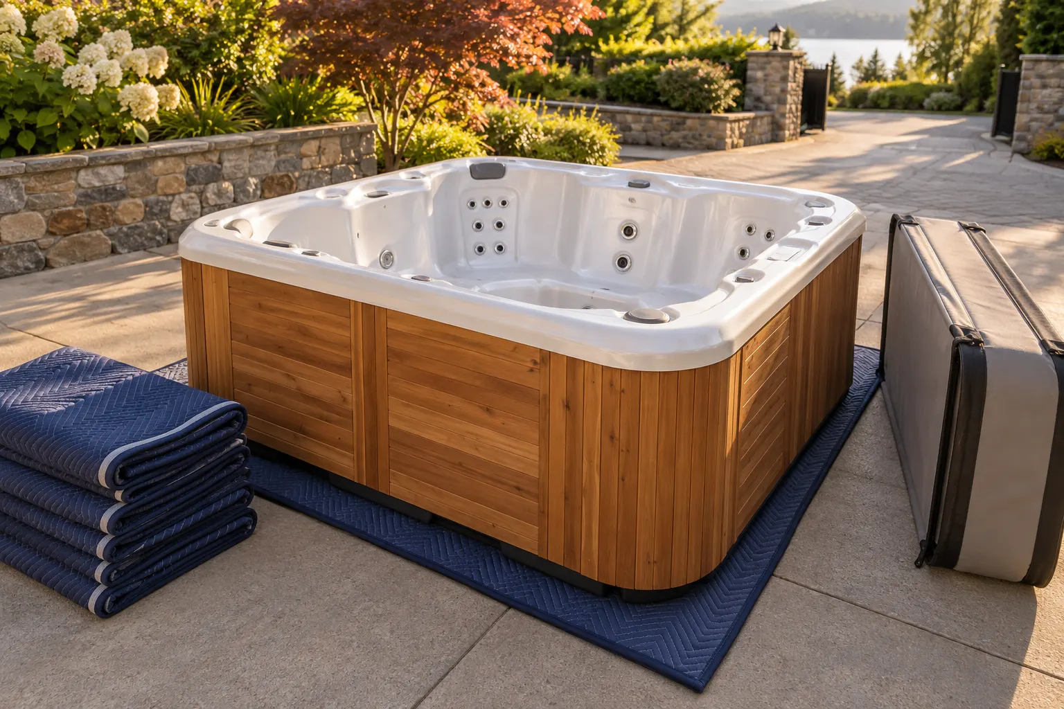 Illustration of a freestanding portable hot tub and its surrounding access area