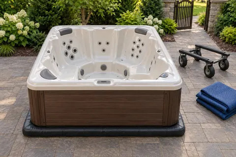 Illustration of a freestanding portable hot tub and its surrounding access area