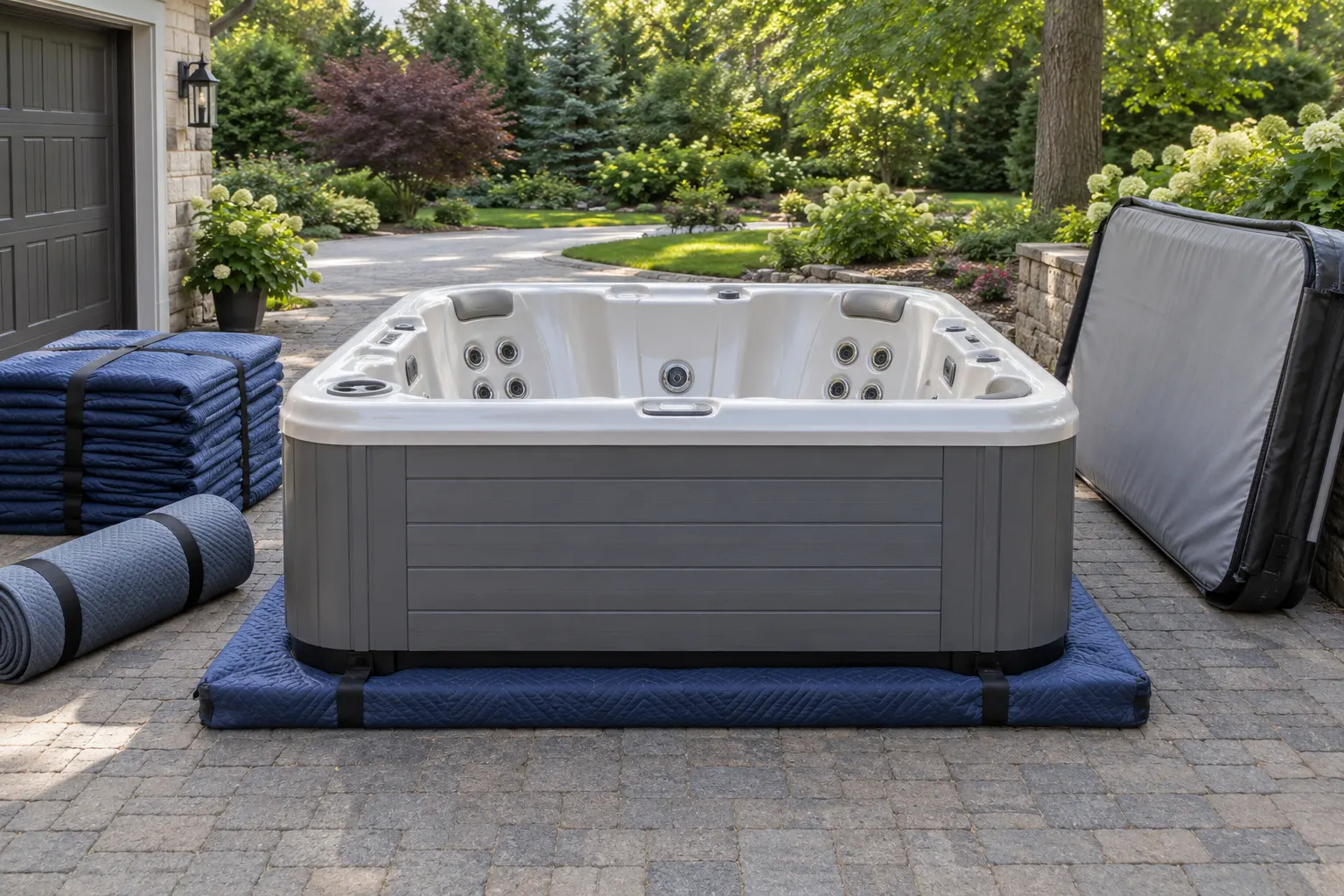 Illustration of a freestanding portable hot tub and its surrounding access area