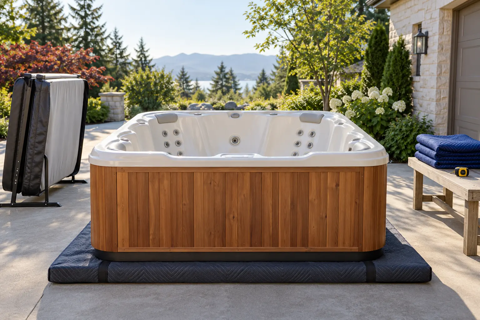 Illustration of a freestanding portable hot tub and its surrounding access area
