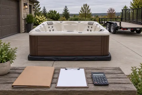 Illustration of a freestanding portable hot tub and its surrounding access area