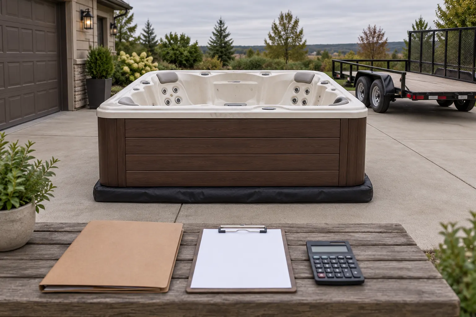 Illustration of a freestanding portable hot tub and its surrounding access area