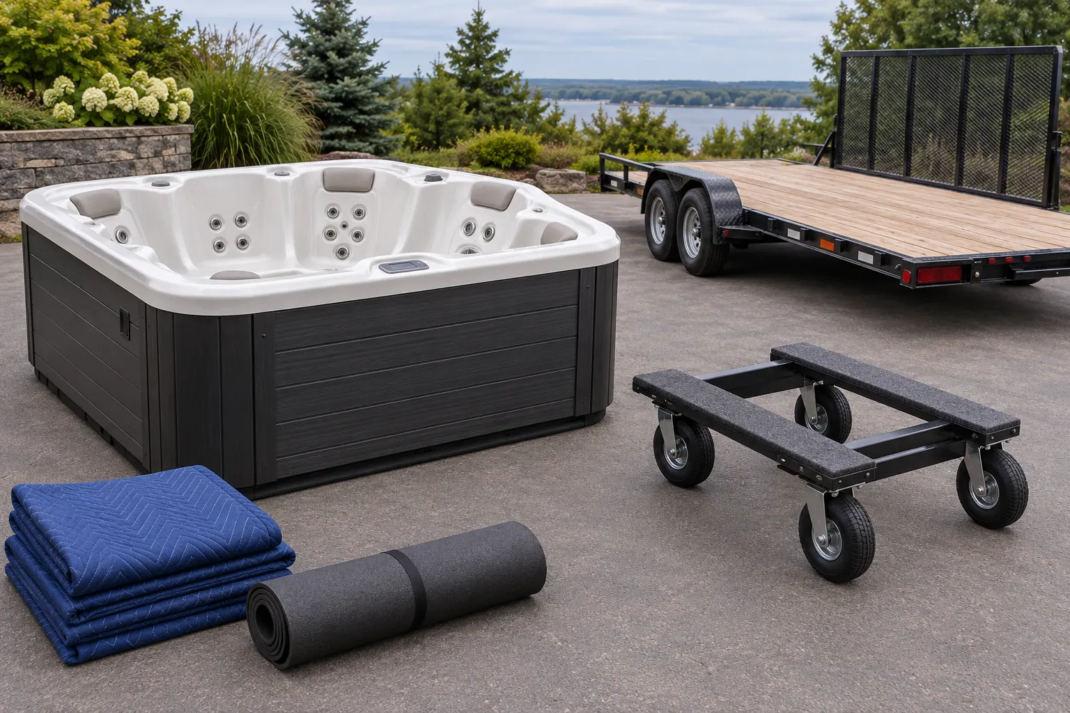 Illustration of a freestanding portable hot tub and its surrounding access area
