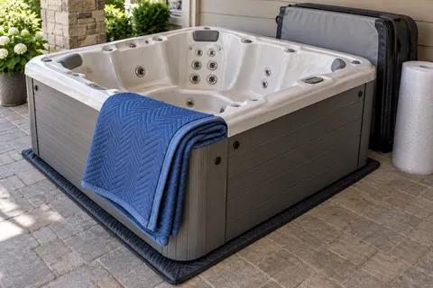 Illustration of a freestanding portable hot tub and its surrounding access area