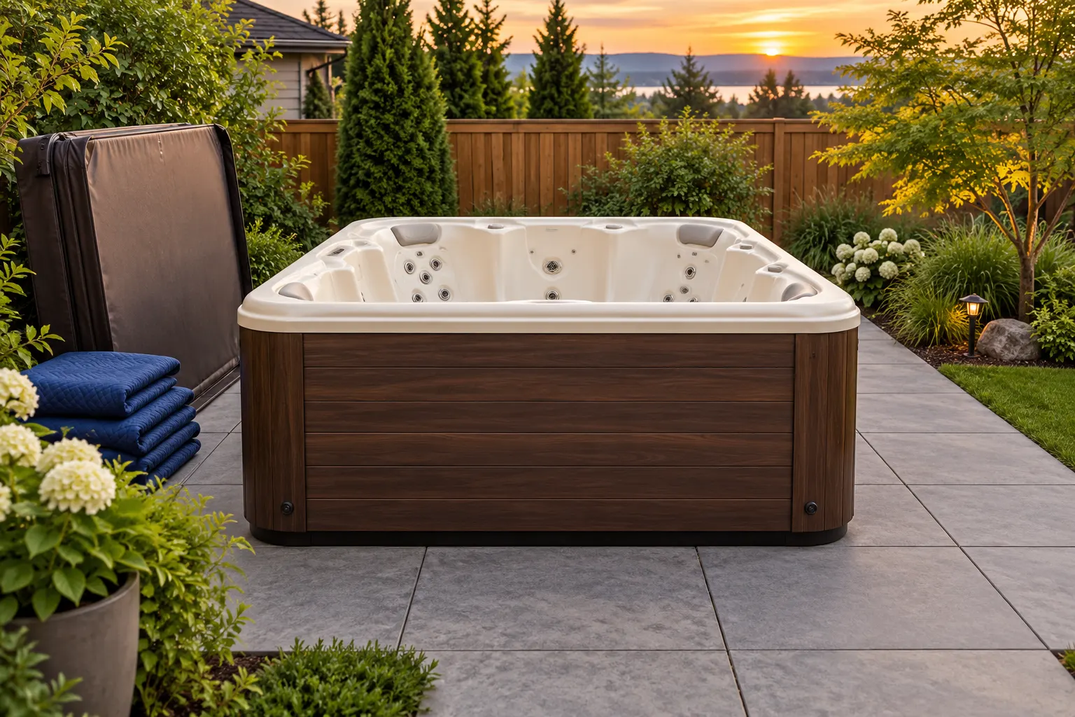 Illustration of a freestanding portable hot tub and its surrounding access area