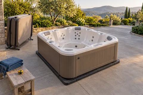 Illustration of a freestanding portable hot tub and its surrounding access area