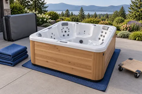 Illustration of a freestanding portable hot tub and its surrounding access area
