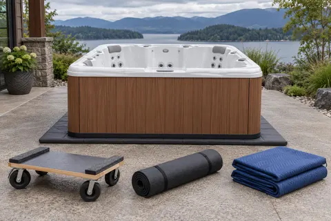 Illustration of a freestanding portable hot tub and its surrounding access area