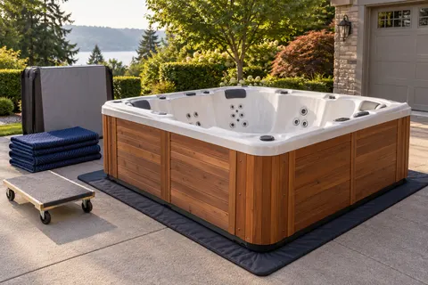 Illustration of a freestanding portable hot tub and its surrounding access area